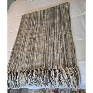 Altar'D State Striped Fringed Afghan, 100% Acrylic Lap Throw, Gray Tan White